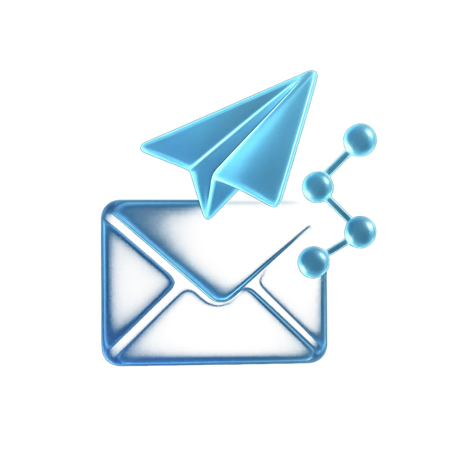 Envelope with a paper plane and an automation flow of connected nodes