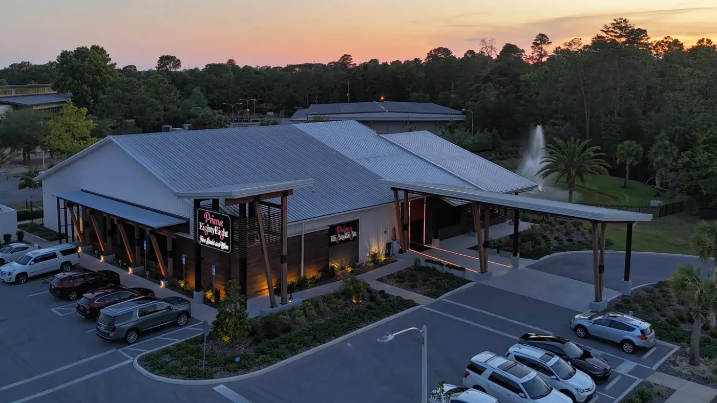 Aerial drone photo of Prime 88 Steakhouse in Brooksville, Florida at sunset