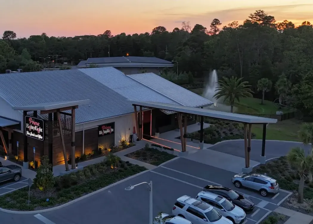 Aerial drone photo of Prime 88 Steakhouse at sunset, shot by Nova Terra