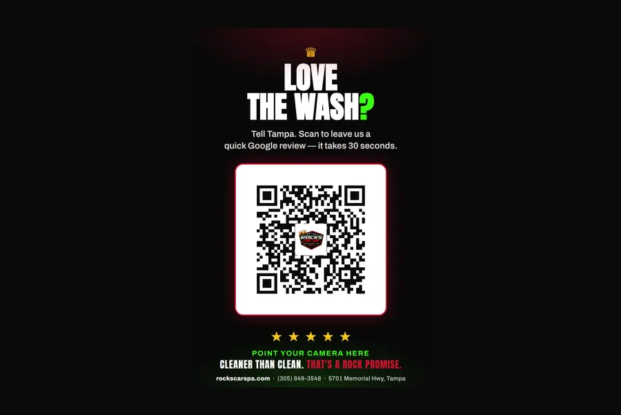 Rock's Car Spa printed review QR card
