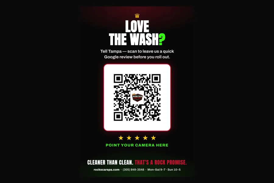 The Rock's Car Spa review exit sign — Love the wash? Scan to leave a Google review