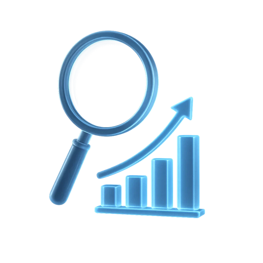 Magnifying glass beside a rising bar chart and upward arrow