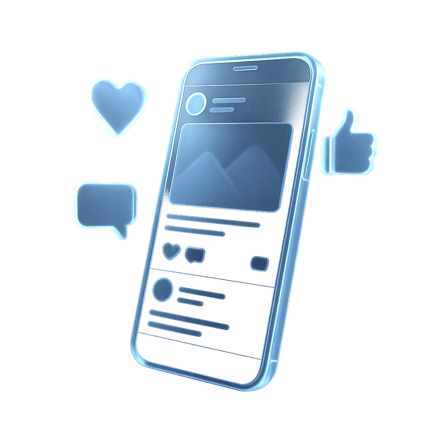Smartphone showing a social feed with floating heart, like, and chat icons